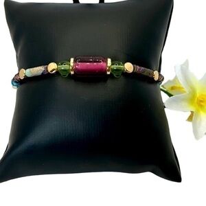 Bracelet Stone & Glass Multi Color Stretchy Gold Accents Handmade Bracelet